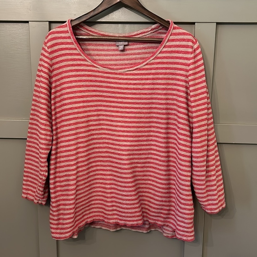 J. Jill Striped Long Sleeve Textured Cotton Top Scoop Neck Red & Tan Size 2X